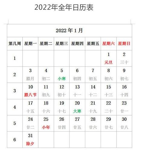 2022年全年日历表Word版带农历下载-2022年全年日历表文档打印版