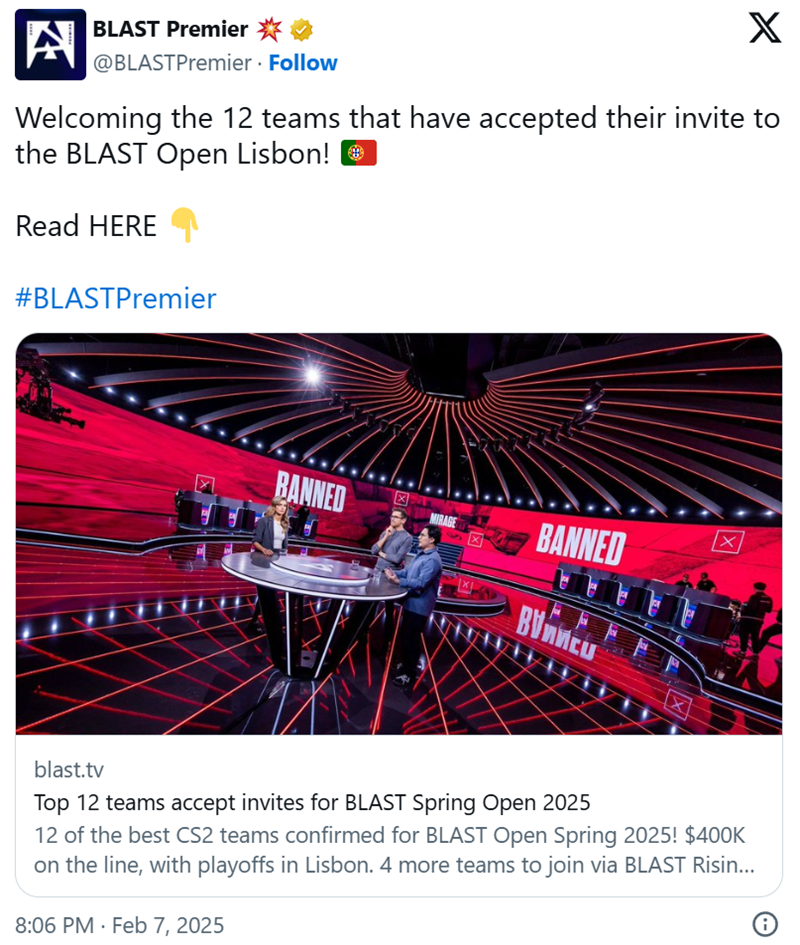 BLAST公开赛里斯本站受邀战队公布